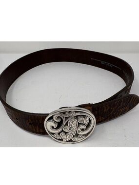 Brighton Brown Leather Belt Silver Scroll Heart Buckle Size 32
